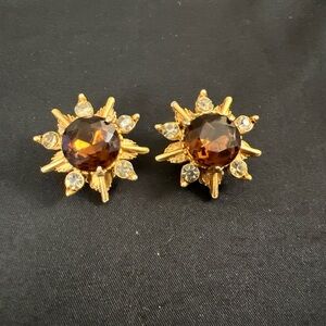 VTG Florenza Earrings Clip On Brownish Like Color Main Stone Sun Burst Gold Tone
